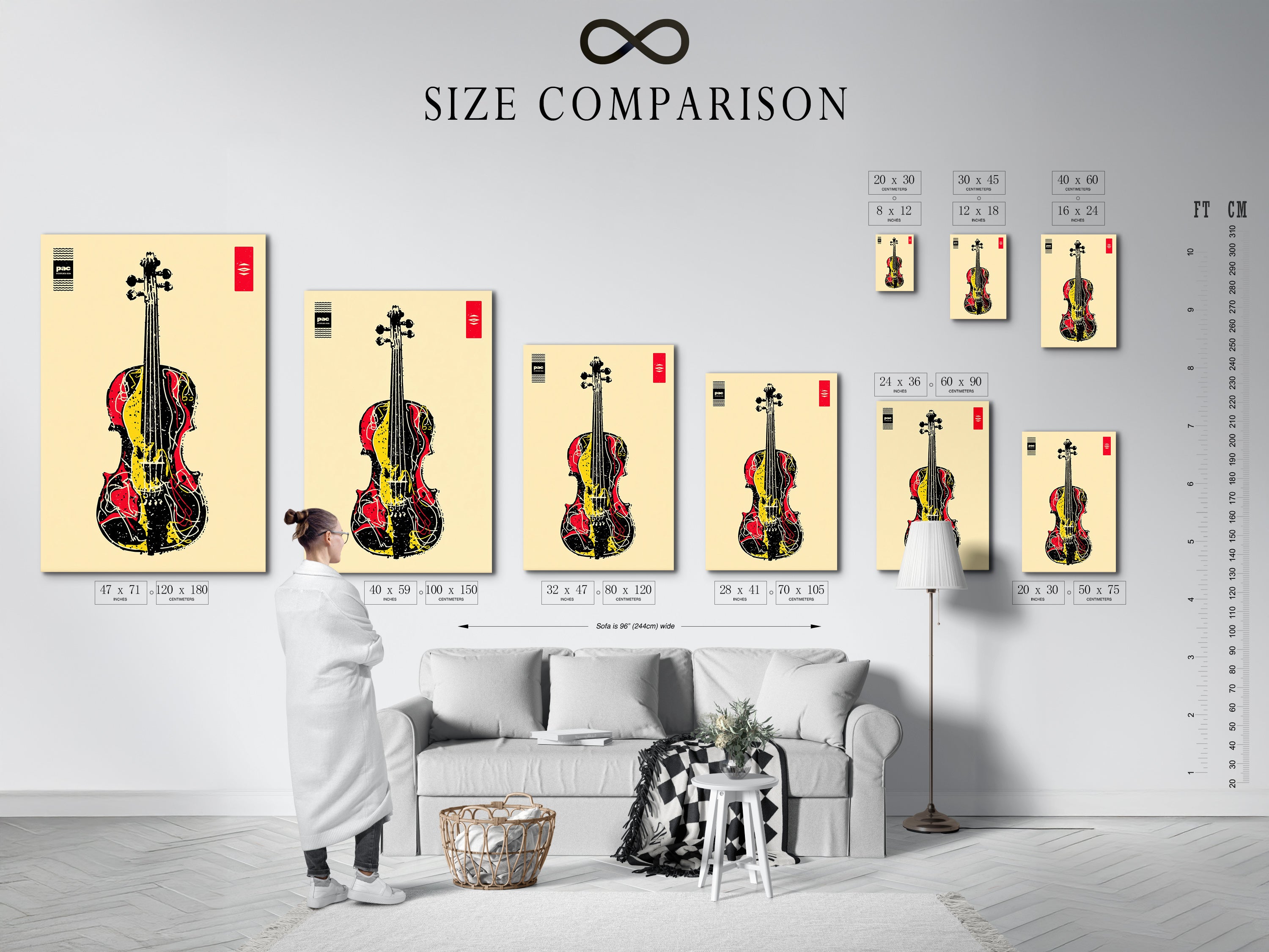 A size comparison chart in an interior setting. It showcases various sizes of abstract musical instrument artwork. It is great for music enthusiasts. This violin art print complements modern styles. Perfect for music rooms band rooms studios and music schools. Find the perfect size for your space.