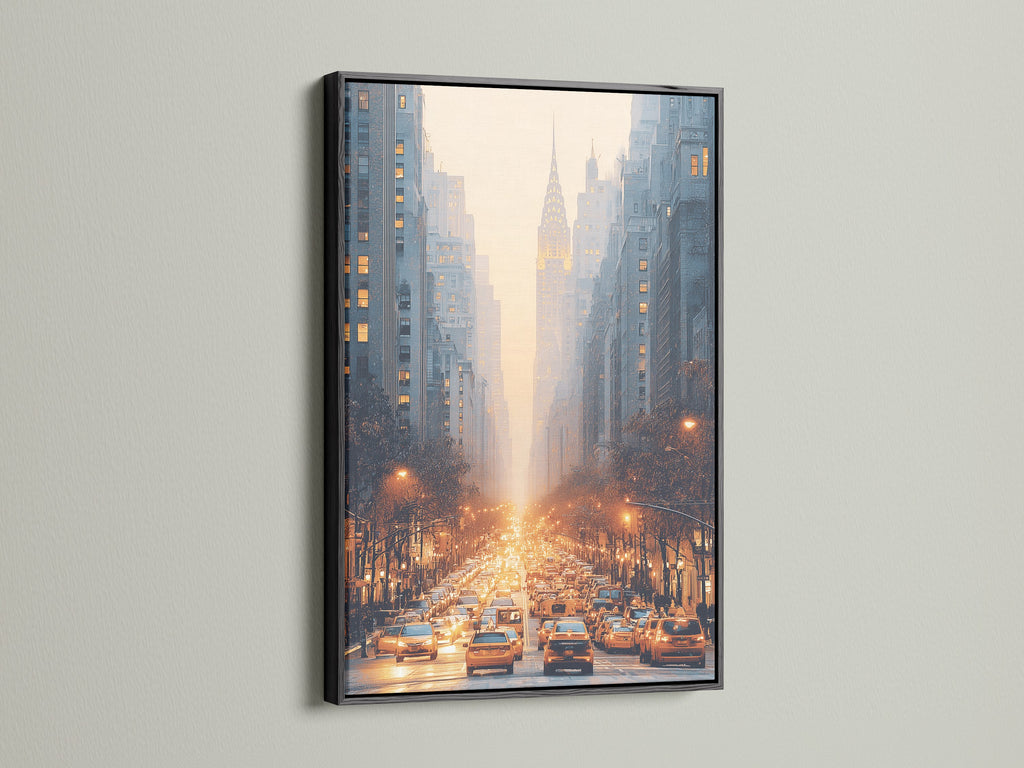 City street artwork is presented in a sleek black frame. Urban wall art capturing a golden hour scene. Enhance studios lobbies and waiting areas with this captivating piece of city photography.