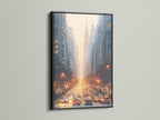 City street artwork is presented in a sleek black frame. Urban wall art capturing a golden hour scene. Enhance studios lobbies and waiting areas with this captivating piece of city photography.