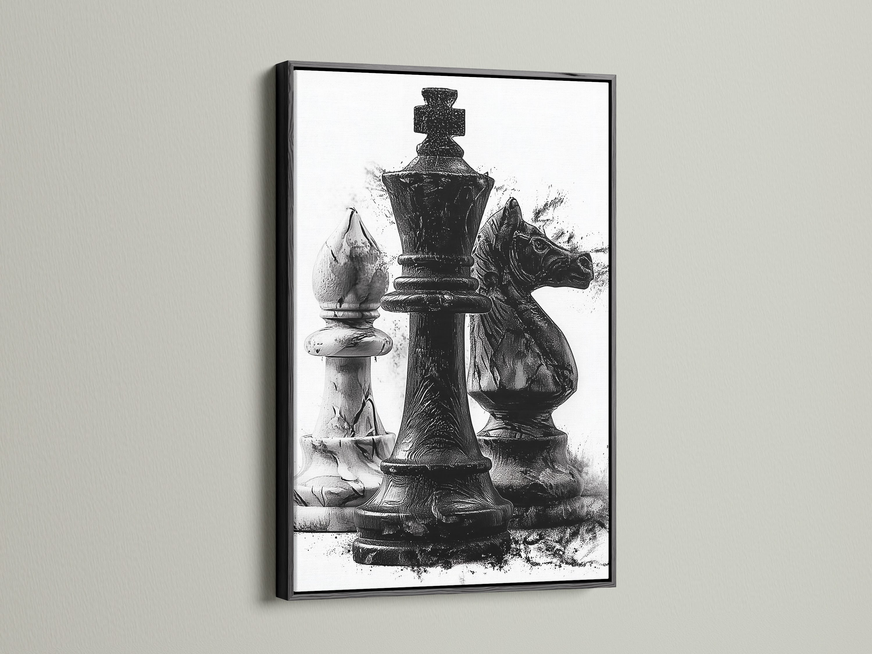 Black frame artwork featuring chess pieces is mounted on a wall. The art's texture is illuminated by the light. It is suitable for a game room or office setting. Enhance any space with this artwork. A bold and elegant statement piece. This artwork is sure to impress.