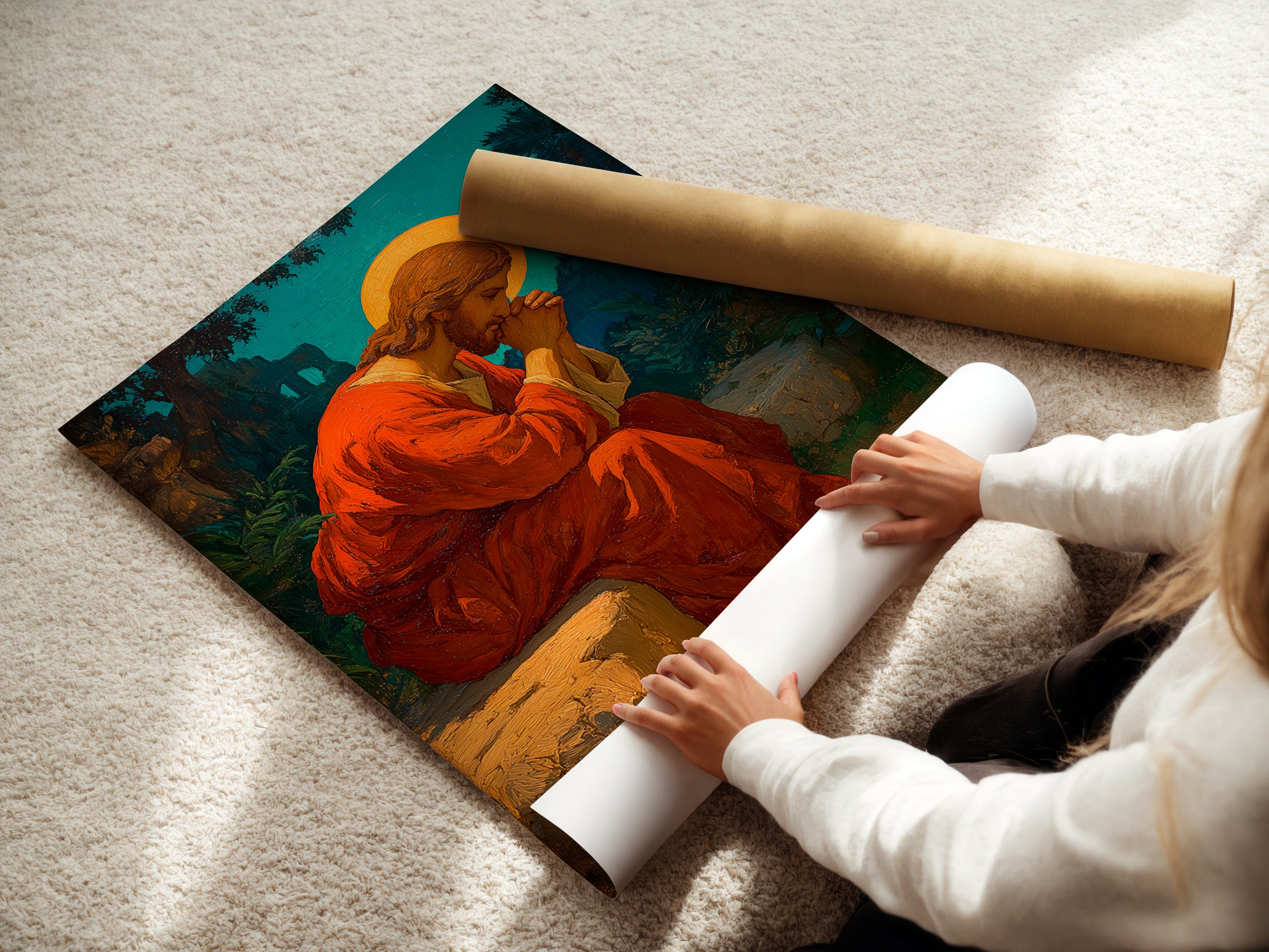 This is a woman carefully rolling a fine art poster paper. She is preparing it for framing. The poster paper is handled with care. This ensures its quality. The woman is focused on her task. This image represents the creation of art. The fine art poster paper is ready to display. The art piece is coming to life.