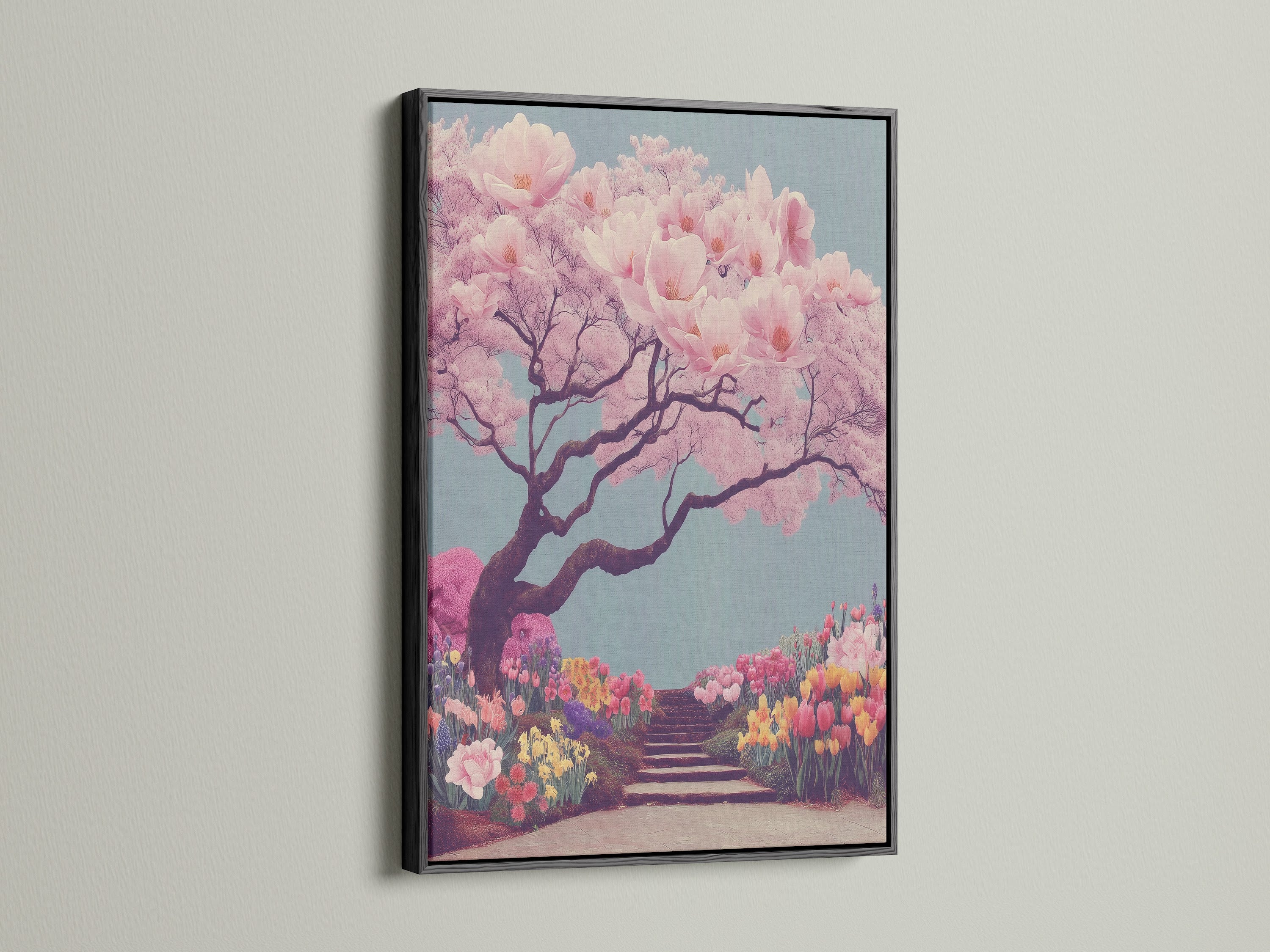 This black framed cherry blossom tree artwork brings elegance to any room. The Japanese garden canvas print features delicate pink sakura. This nature canvas art is perfect for bedroom wall art. The botanical print enhances office clinic or café spaces. Enjoy the serene beauty of this Asian wall art.