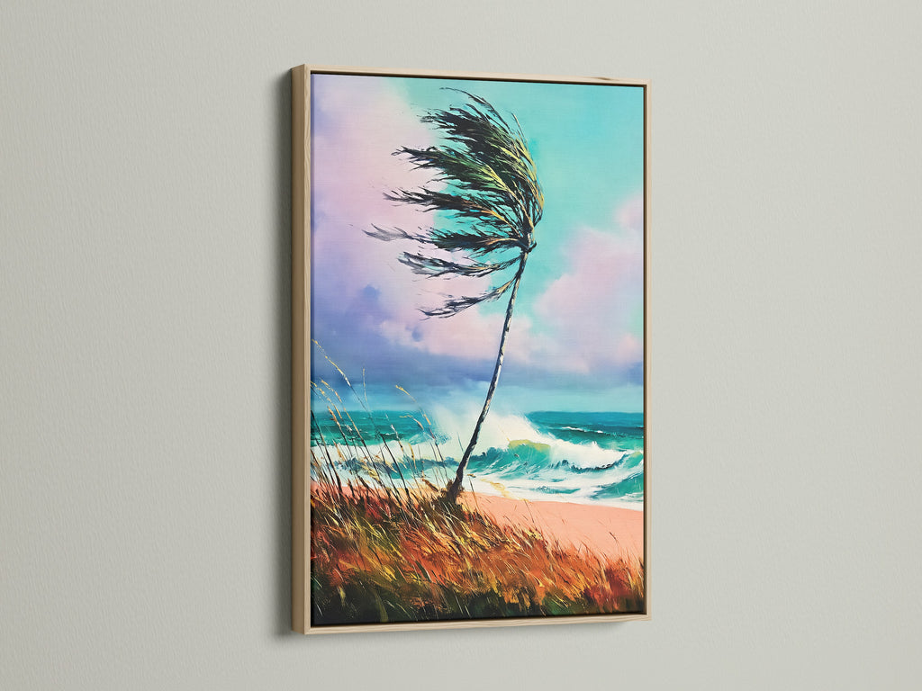 Framed coastal beach artwork with an oak frame. The artwork features a palm tree and a turquoise seascape. This beach canvas art brings a touch of ocean beauty to any space. Ideal for minimalist or modern styles.