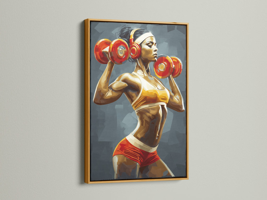 Elevate your gym decor with this gold-framed female fitness artwork. This strong woman art print motivates your workout. The weightlifting canvas print enhances your home gym. Inspire strength and dedication. Transform your space today.