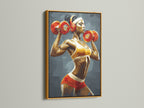Elevate your gym decor with this gold-framed female fitness artwork. This strong woman art print motivates your workout. The weightlifting canvas print enhances your home gym. Inspire strength and dedication. Transform your space today.