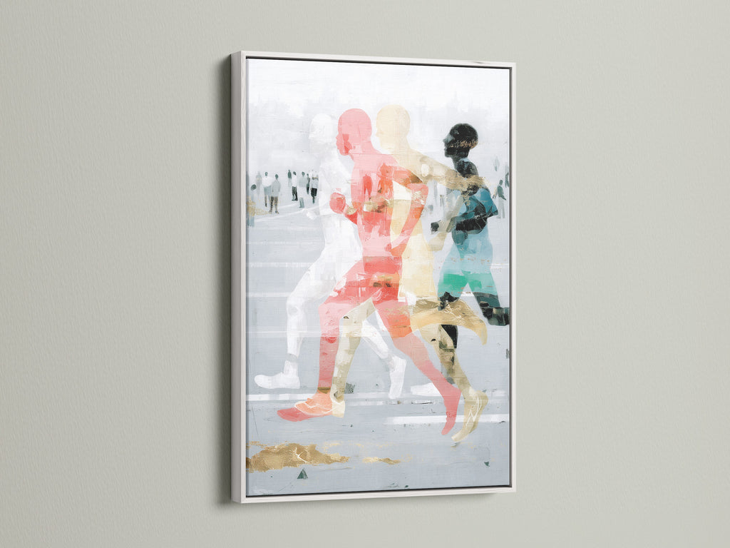 Abstract Runners Art Print with a white frame. The contemporary canvas print pops against the white wall. This piece is perfect for modern wall art enthusiasts. The abstract figures in motion make it ideal for sports wall decor in offices or homes.