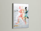 Abstract Runners Art Print with a white frame. The contemporary canvas print pops against the white wall. This piece is perfect for modern wall art enthusiasts. The abstract figures in motion make it ideal for sports wall decor in offices or homes.