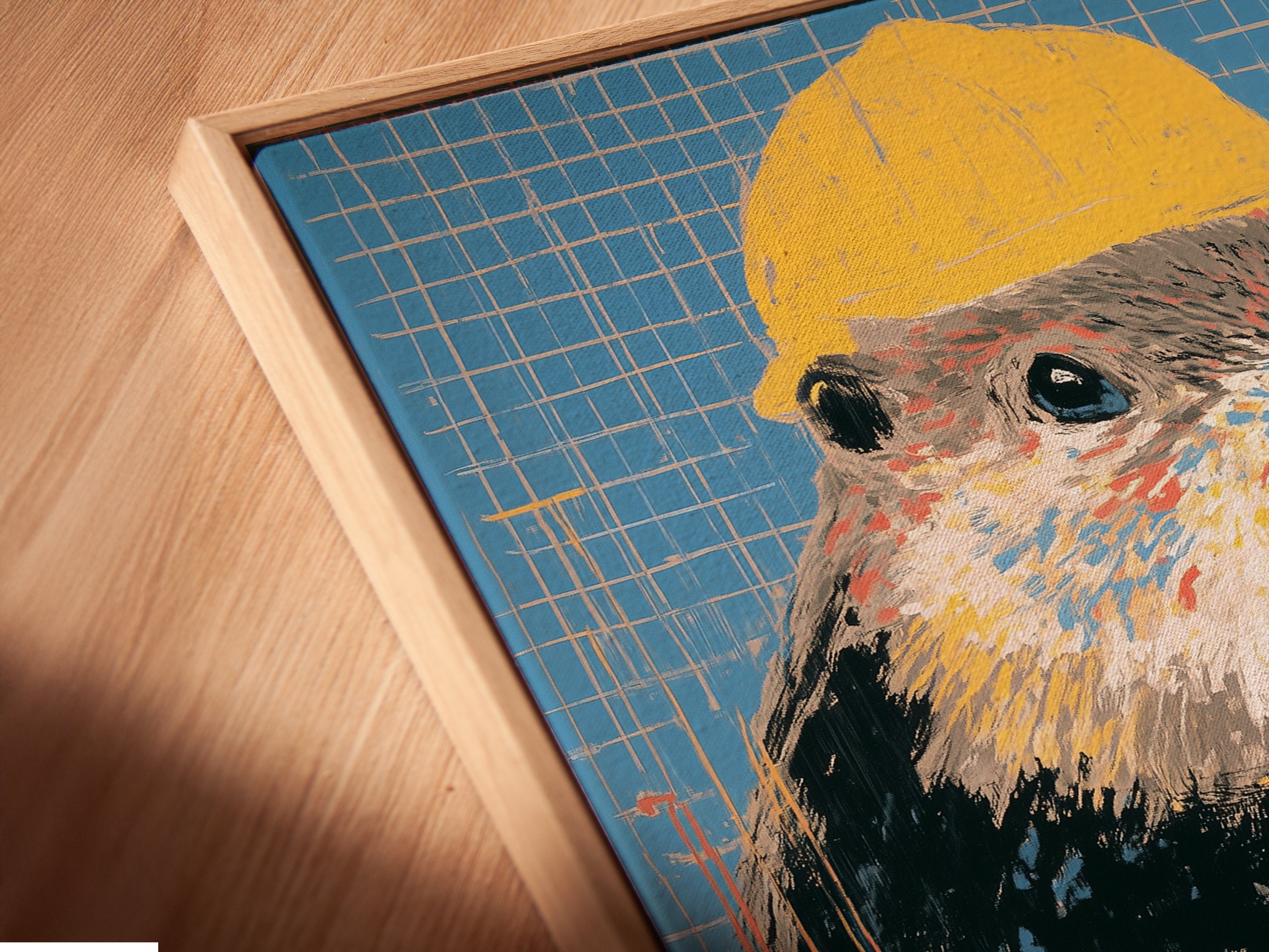 Close-up of a canvas print in a floating frame. The beaver artwork features a funny animal worker. Ideal office wall decor or contractor gift. The print showcases contemporary style with yellow and blue hues. A quirky addition to any space.