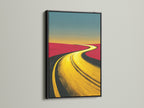 The desert road artwork is presented in a sleek black frame. This landscape canvas features earth tones. The abstract wall art is a striking addition to office decor. The golden yellow road creates a modern minimalist look. Perfect for living room wall art or office art. Southwest art.