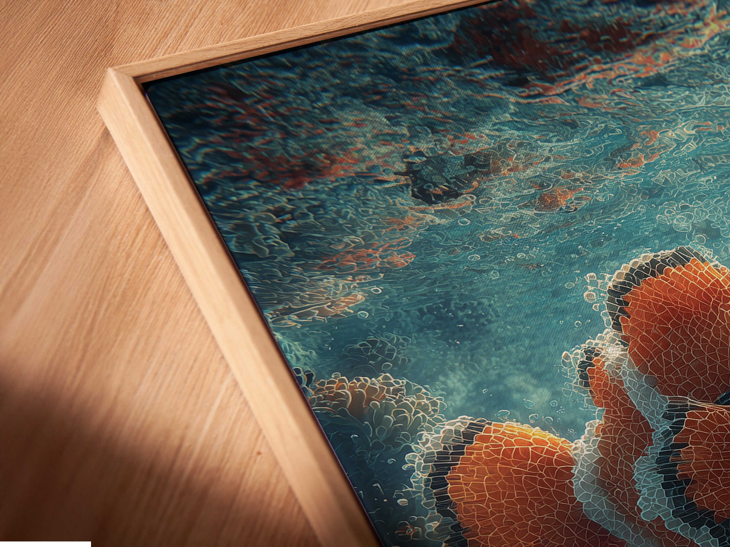 Angled close up of a canvas print in a floating frame. The art piece shows a clownfish smoking a cigar underwater. The floating frame gives the illusion of the artwork floating. It adds a modern and sophisticated touch to any room. A unique art for your walls