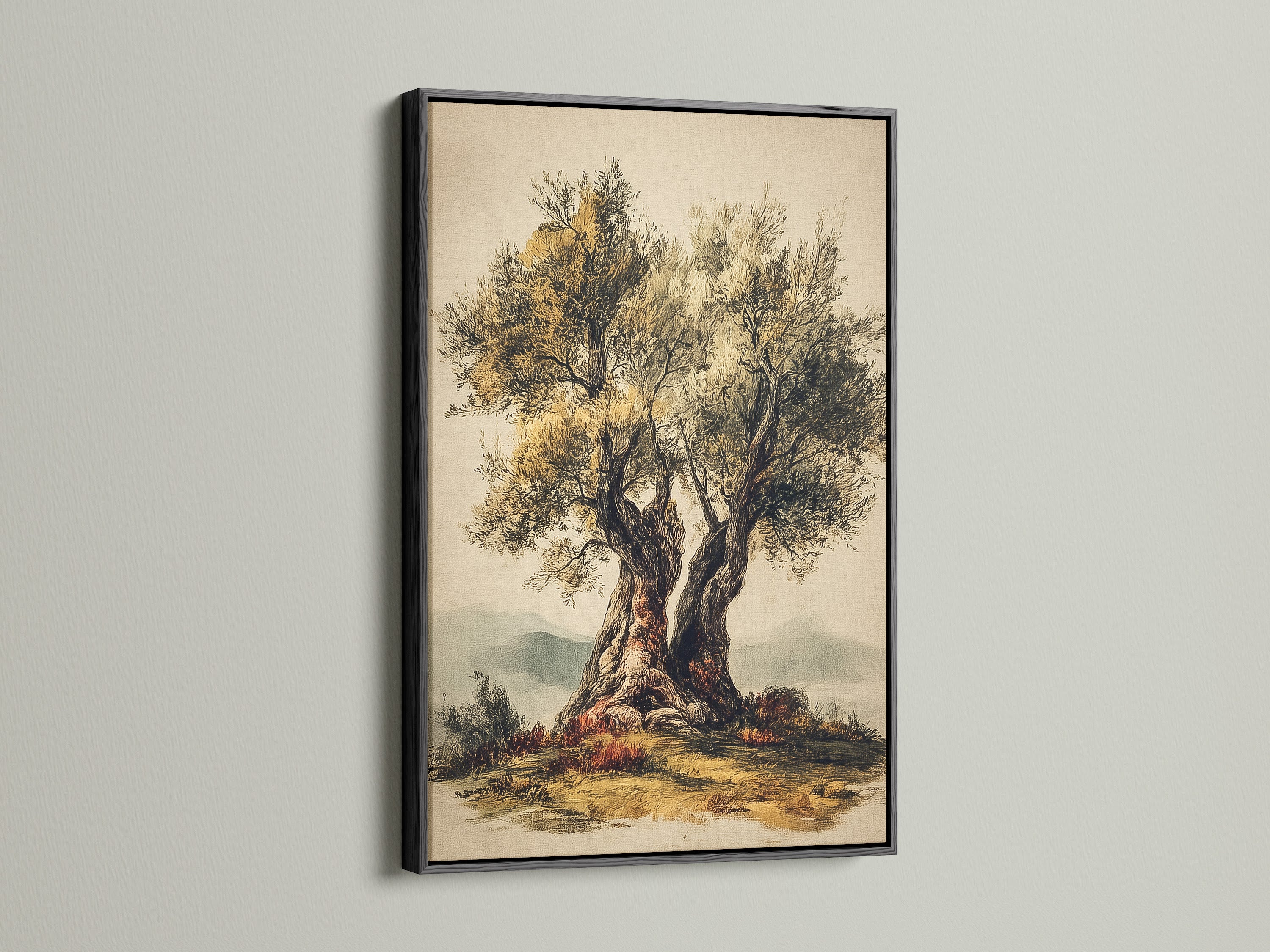 Artwork of a tree in a sleek black frame displayed on a white wall. The black frame provides a bold contrast. The artwork is enhanced by the frame. This frame is sophisticated.