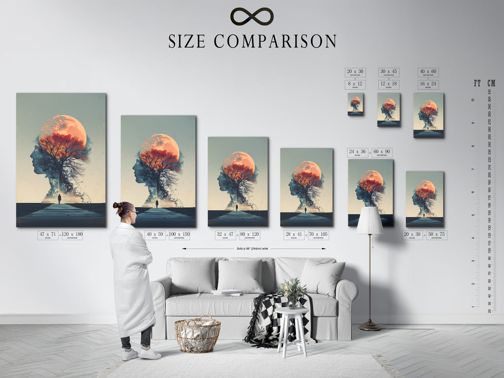 A size comparison chart is displayed in an interior setting. It shows various sizes of our surreal double exposure artwork. The artwork features a woman silhouette a moon and a tree. Find the perfect size to complement your wall decor needs.