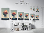 A size comparison chart is displayed in an interior setting. It shows various sizes of our surreal double exposure artwork. The artwork features a woman silhouette a moon and a tree. Find the perfect size to complement your wall decor needs.