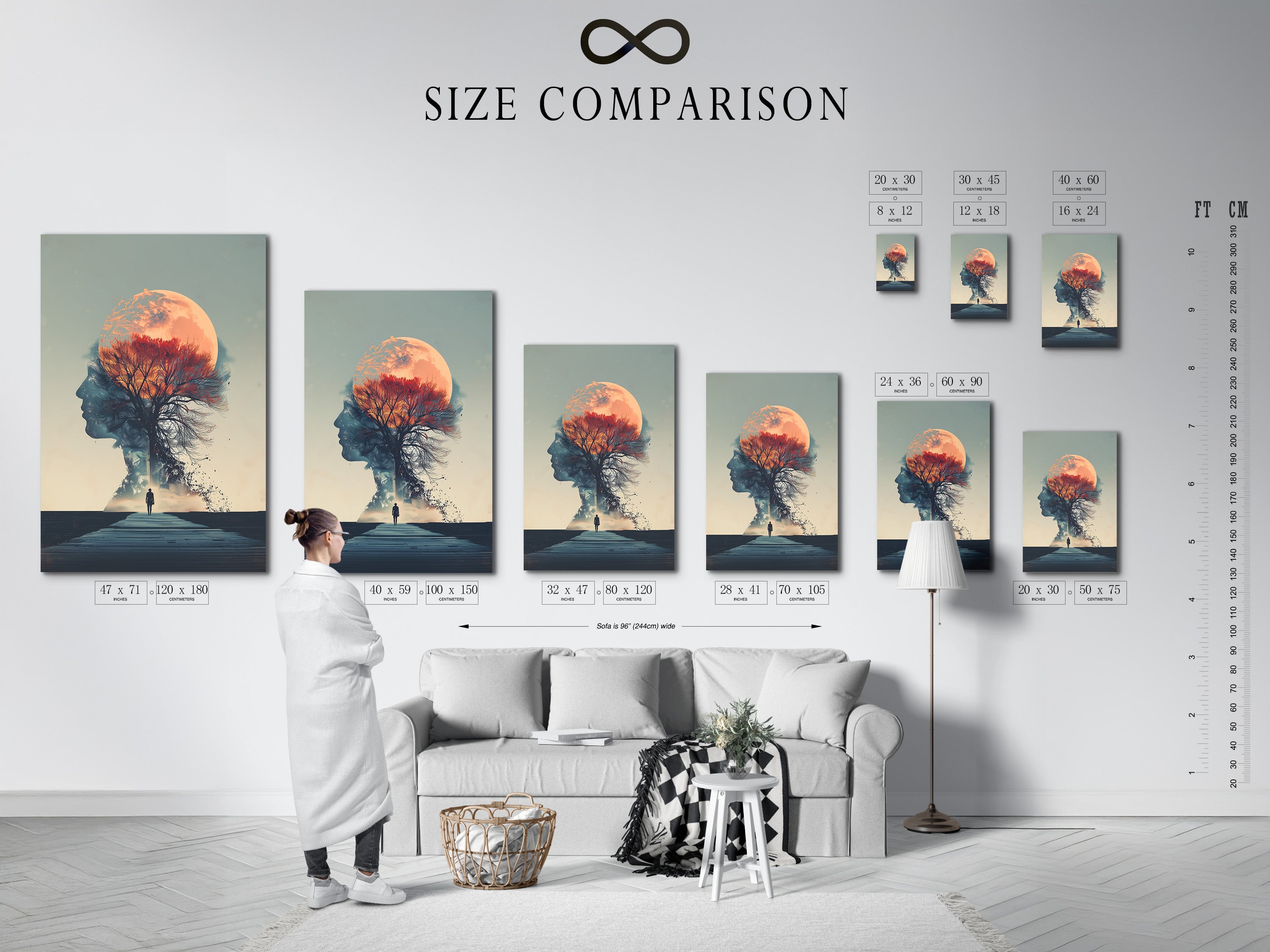 A size comparison chart is displayed in an interior setting. It shows various sizes of our surreal double exposure artwork. The artwork features a woman silhouette a moon and a tree. Find the perfect size to complement your wall decor needs.