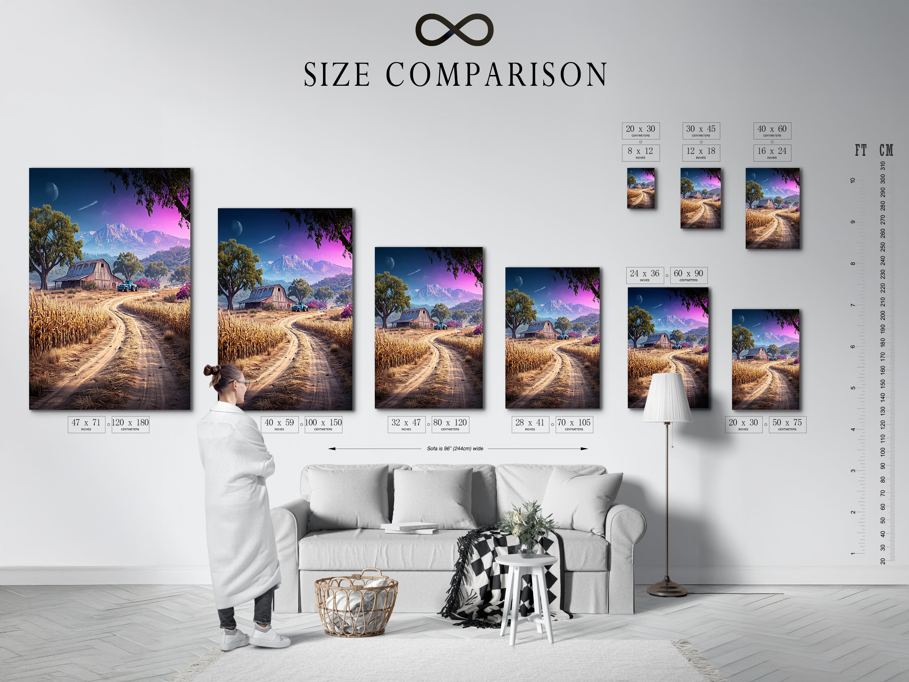 Size comparison chart displayed in an interior setting. The chart shows various sizes of farm landscape artwork. The rustic barn canvas print fits perfectly in any room. Choose the ideal size for your farmhouse decor. This countryside artwork is perfect for a dining room or living room. Find the perfect fit today.