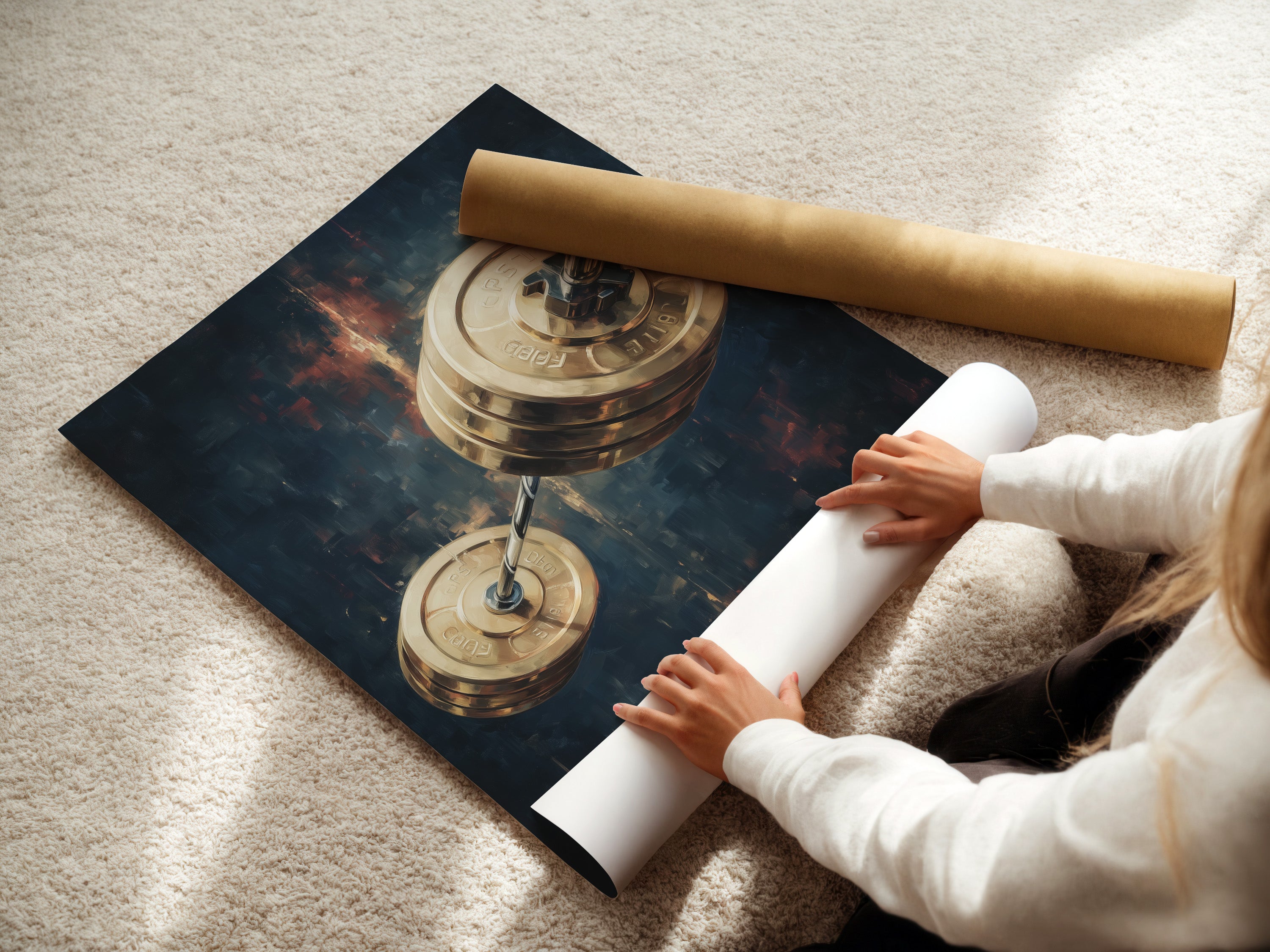 A woman carefully rolls a fine art poster paper. This showcases the care in handling barbell weights art. Perfect for fitness gym wall decor. Experience high-quality prints.