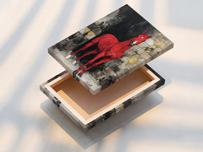 This is a stretched canvas print of the red horse art. Ready to hang and transform any room. Showcasing the texture and depth of the animal canvas art. It's perfect for creating a bold statement in your living space.