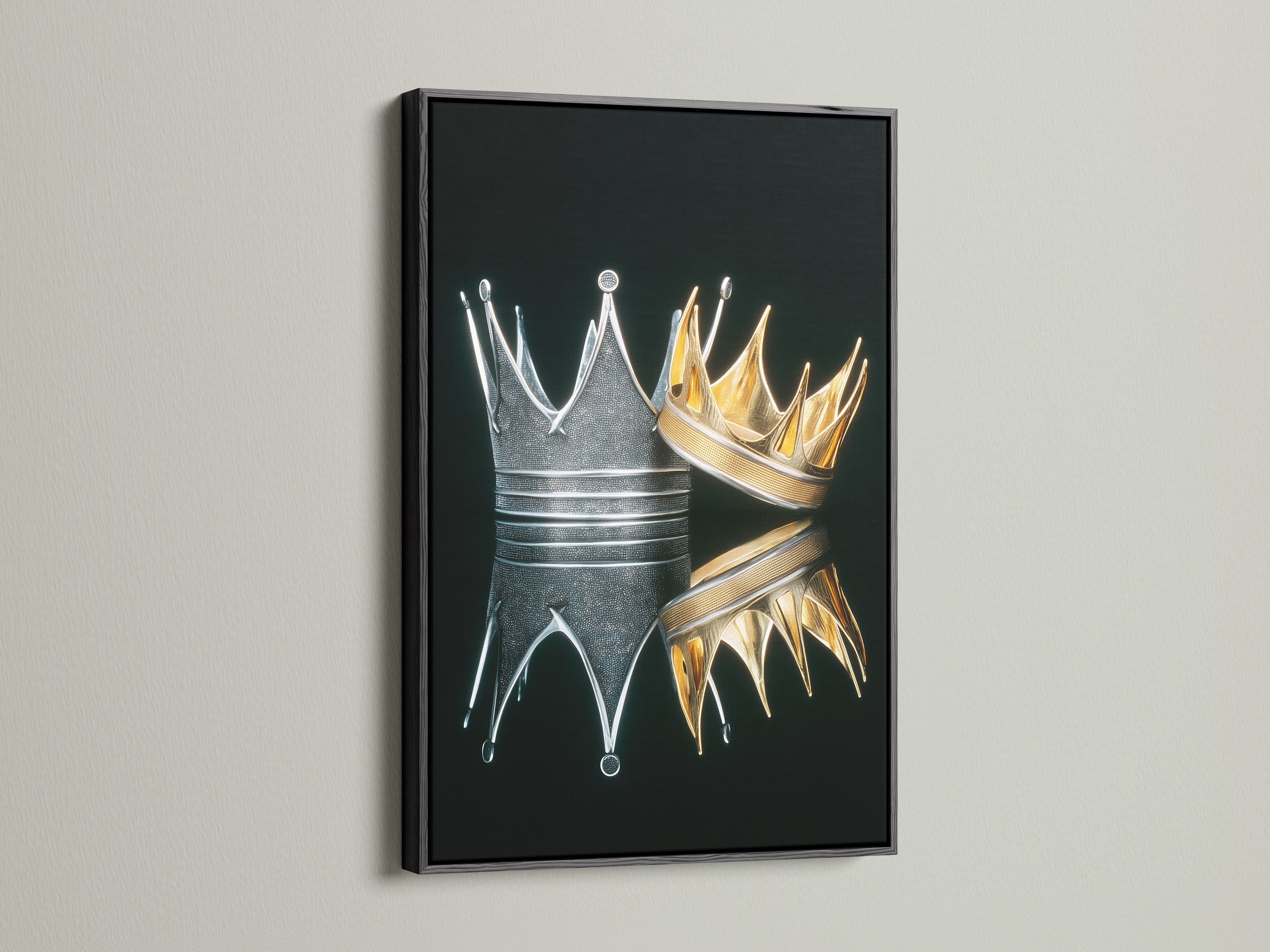 The Crowns Canvas Print is showcased in a black frame. Gold and silver royal crowns create a striking contrast. This artwork adds a touch of elegance to any room. Ideal for office decor or modern wall art. Shop jewelry prints now.