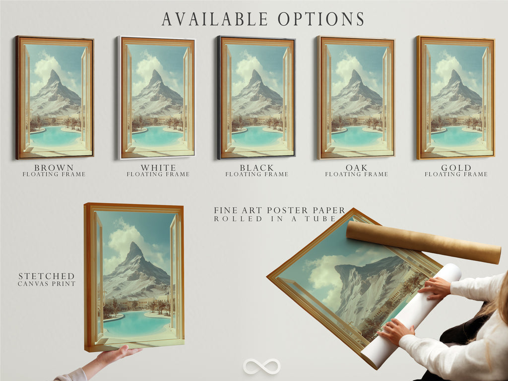 Available options include a stretched canvas print fine art poster paper and floating frame. Mountain view artwork enhances modern spaces. The open window artwork brings the desert oasis to you. Perfect for vacation rentals. Elevate your space.