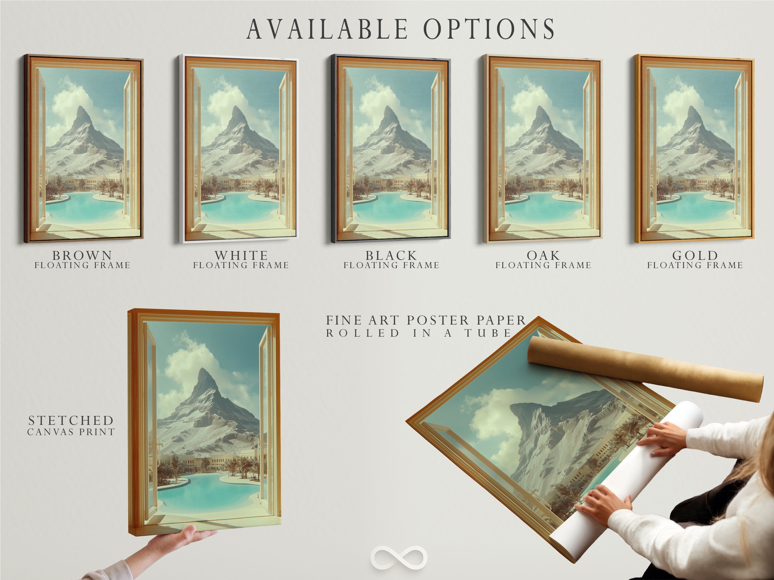 Available options include a stretched canvas print fine art poster paper and floating frame. Mountain view artwork enhances modern spaces. The open window artwork brings the desert oasis to you. Perfect for vacation rentals. Elevate your space.