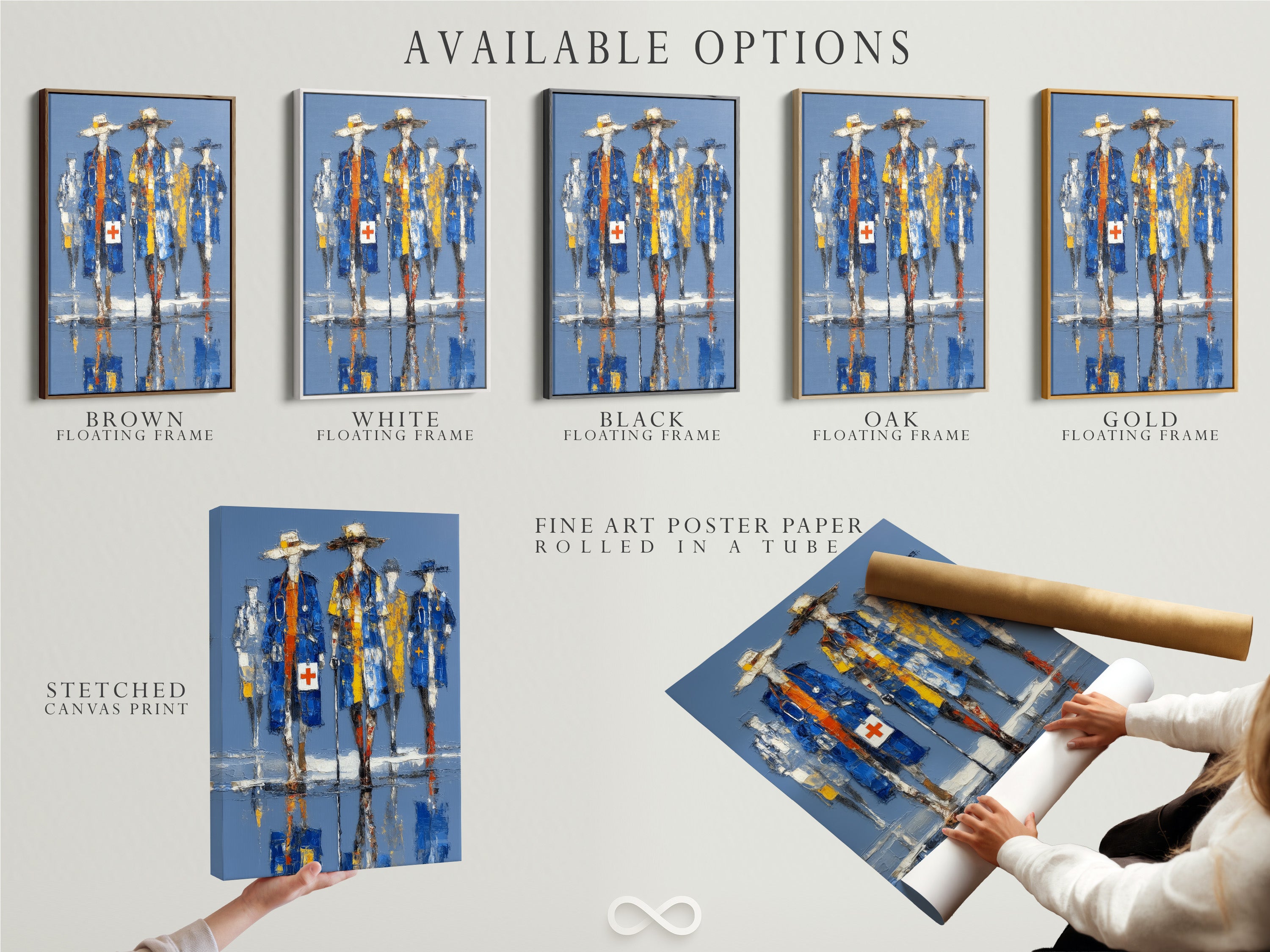 Available options for medical heroes artwork. Choose from stretched canvas print. Fine art poster paper or floating frame options. Find the perfect healthcare art. Elevate medical decor.