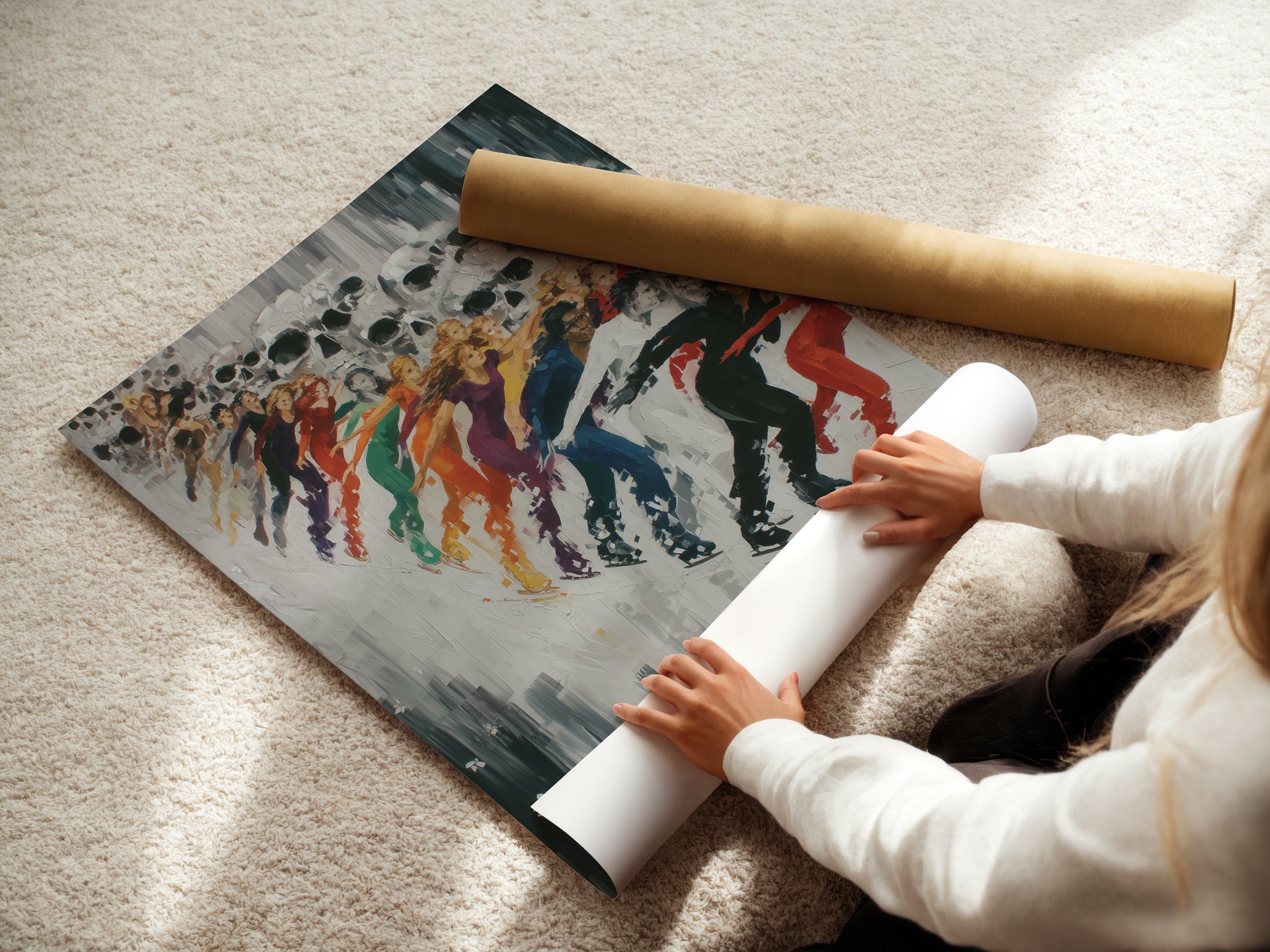 A woman is carefully rolling a fine art poster paper print of the Abstract Skull Art. The fine art poster paper ensures high-quality reproduction. Ideal for art enthusiasts and collectors. Perfect for adding a artistic touch to any room.