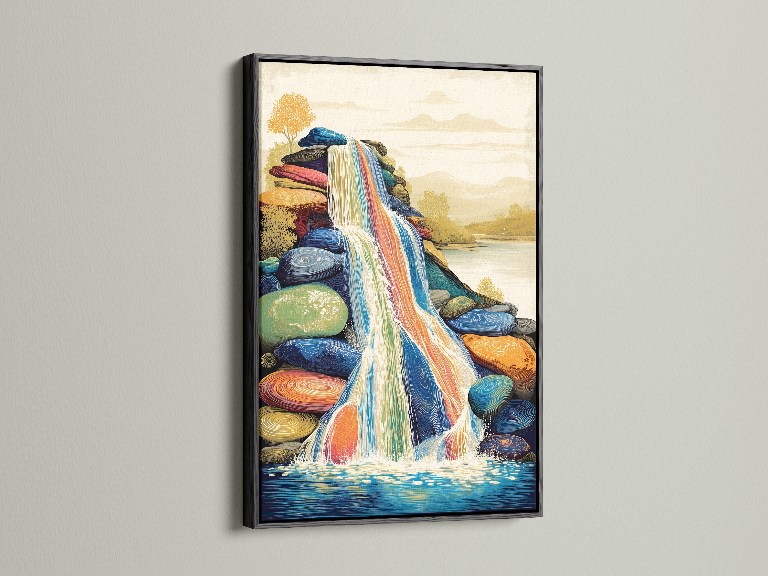 This is a captivating waterfall artwork in a black frame. This piece features a unique rock formation art. This modern nature artwork adds sophistication to living rooms. A striking visual for contemporary homes.