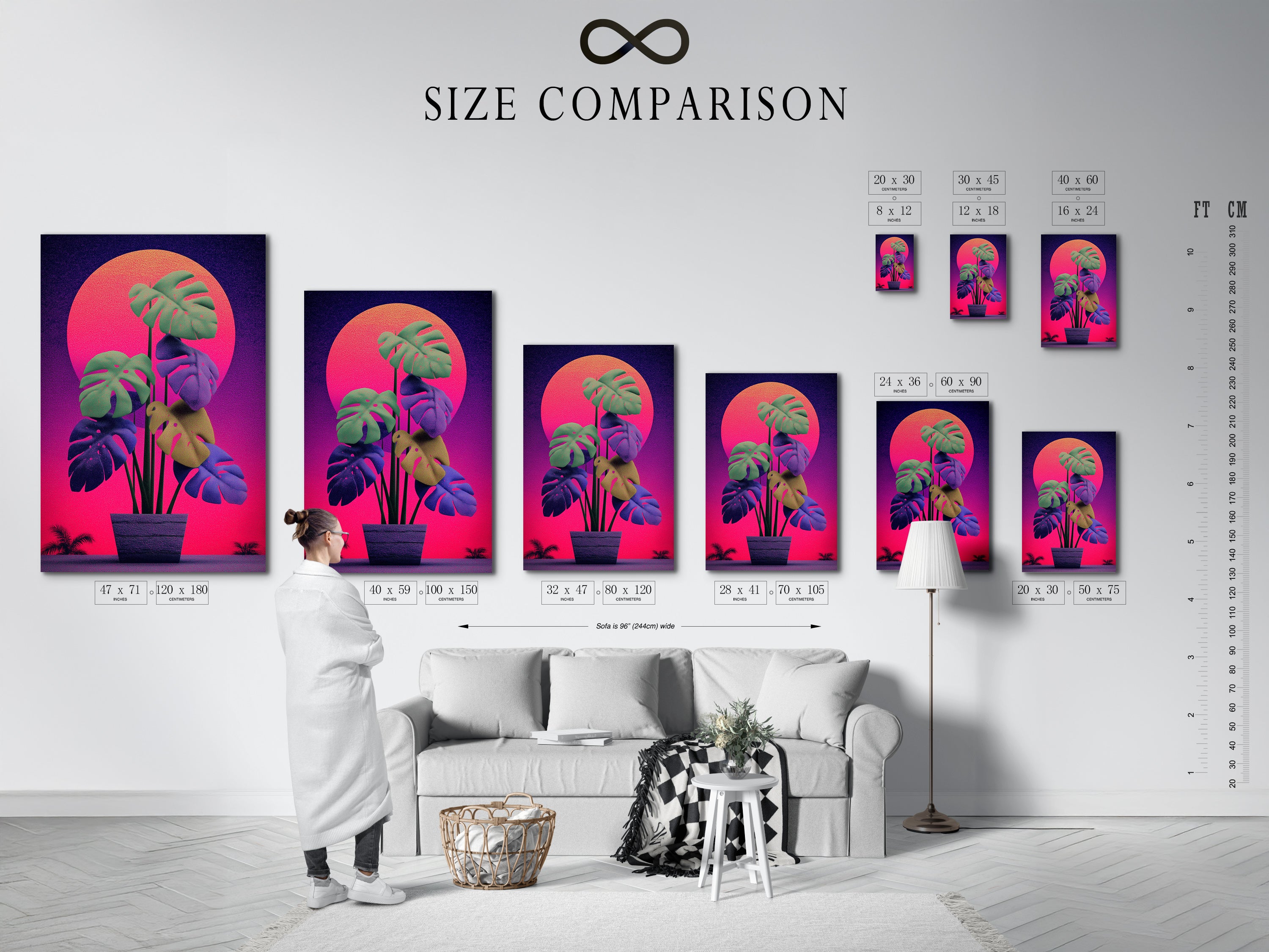 A size comparison chart in an interior setting. This chart helps visualize the monstera retro sunset artwork. See how different sizes fit in various spaces. Find the perfect dimensions for your wall art.