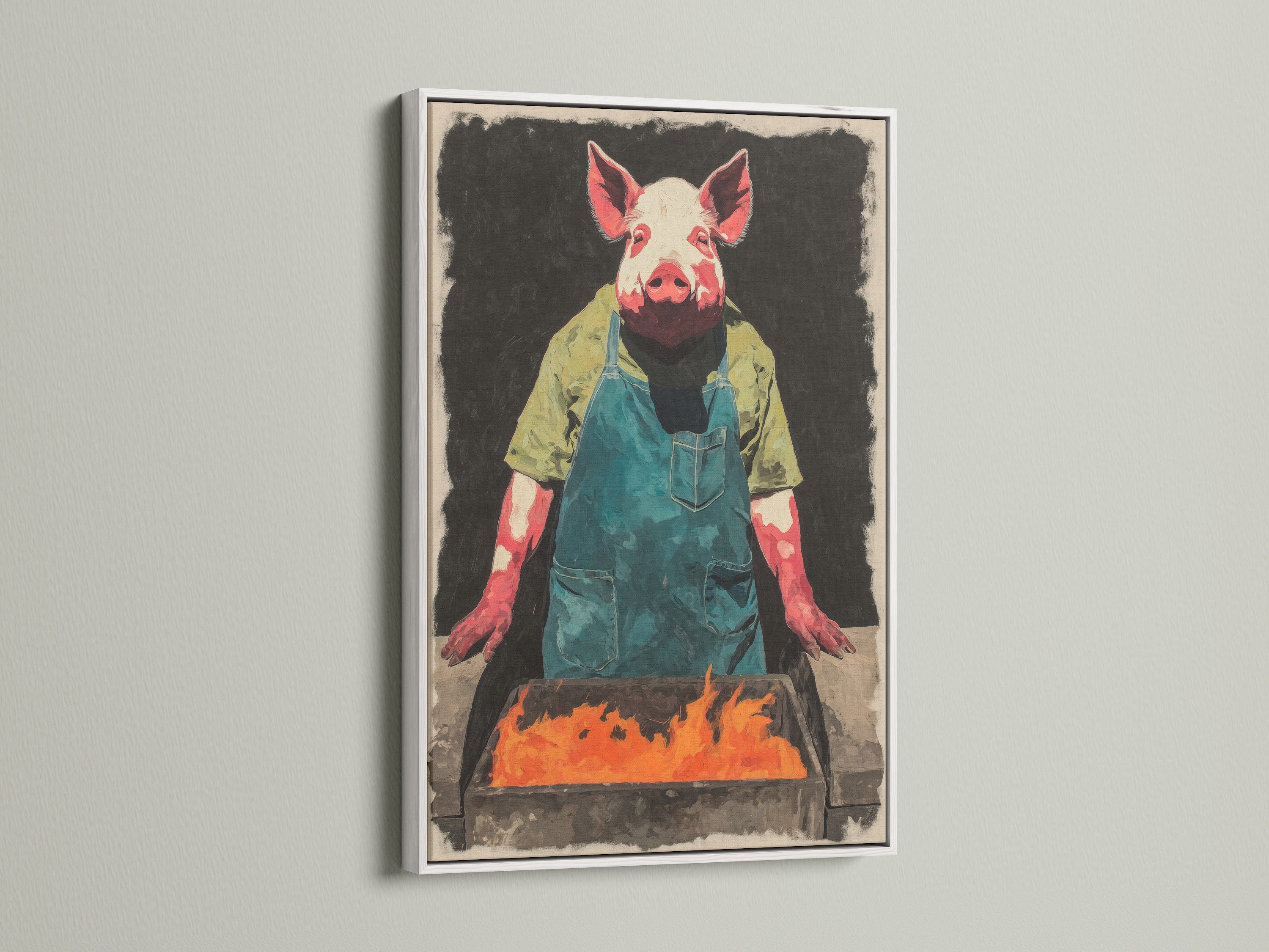 The Pig Chef print is displayed in a clean white frame. This frame option offers a modern and versatile look. The funny farm art complements various interior styles. The artwork is ideal for a kitchen or BBQ area. It adds a touch of humor and whimsy.