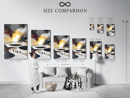 Size comparison chart in an interior setting featuring cyclists abstract canvas. See how this modern print fits your space. Neutral tones complement minimalist art. Perfect for office wall art.