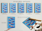 Available options for the Koi Fish artwork. Choose from a stretched canvas print fine art poster paper or floating frame. Customize your modern wall decor with this blue and orange Japanese print. Perfect for any contemporary space.
