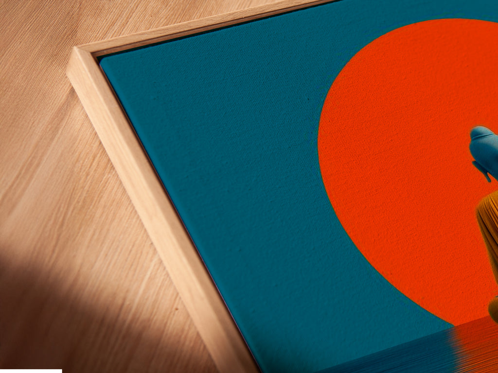 A close-up angle reveals a canvas print of the Buddha artwork in a floating frame. The teal and orange colors create a calming effect. This modern wall art is perfect for adding a spiritual touch. It is ideal for yoga studios living rooms and meditation spaces.
