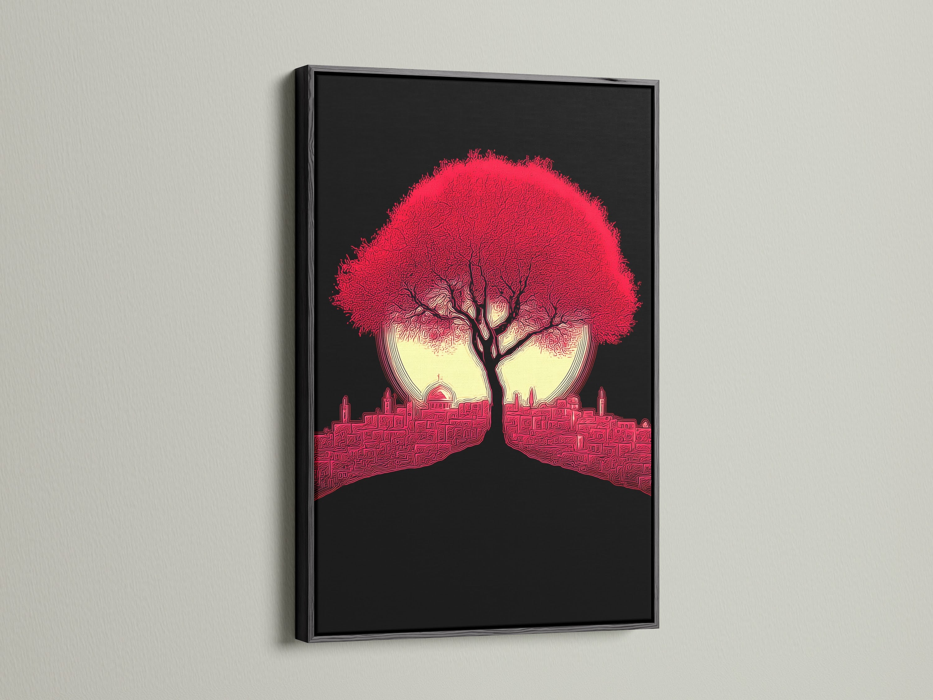 Crimson Tree artwork in a black frame. The red cityscape wall art is a modern silhouette. The artwork creates a bold statement. This skyline art fits minimalist or eclectic styles. A great choice for office wall decor.