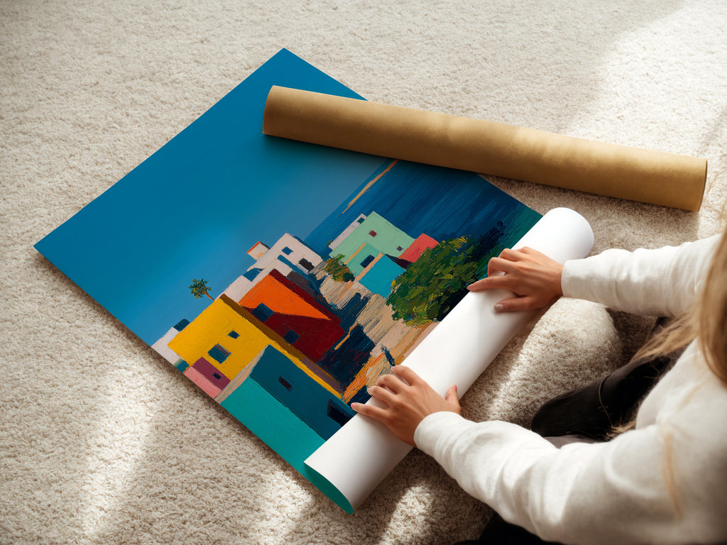 A woman is carefully rolling a fine art poster paper. The paper is high-quality and ready for printing. The poster paper ensures your art looks its best. Fine art poster paper offers a professional finish and lasting beauty. She is preparing it for display.