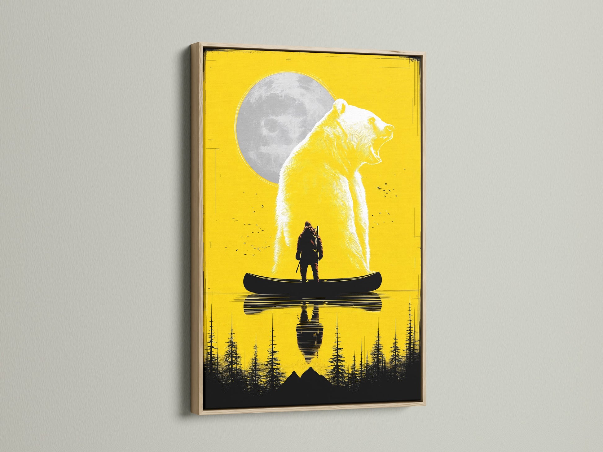 Grizzly Bear and Hunter Canoe Art Print. The artwork is displayed in an oak frame. The yellow wildlife print showcases a bear and a hunter in a canoe. Ideal for adding a rustic touch to living rooms bedrooms or offices.