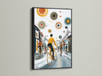 City Cyclists artwork is framed in sleek black. The cityscape print features cyclists on a teal and orange street. This contemporary print offers a modern aesthetic. Perfect for living room wall art.