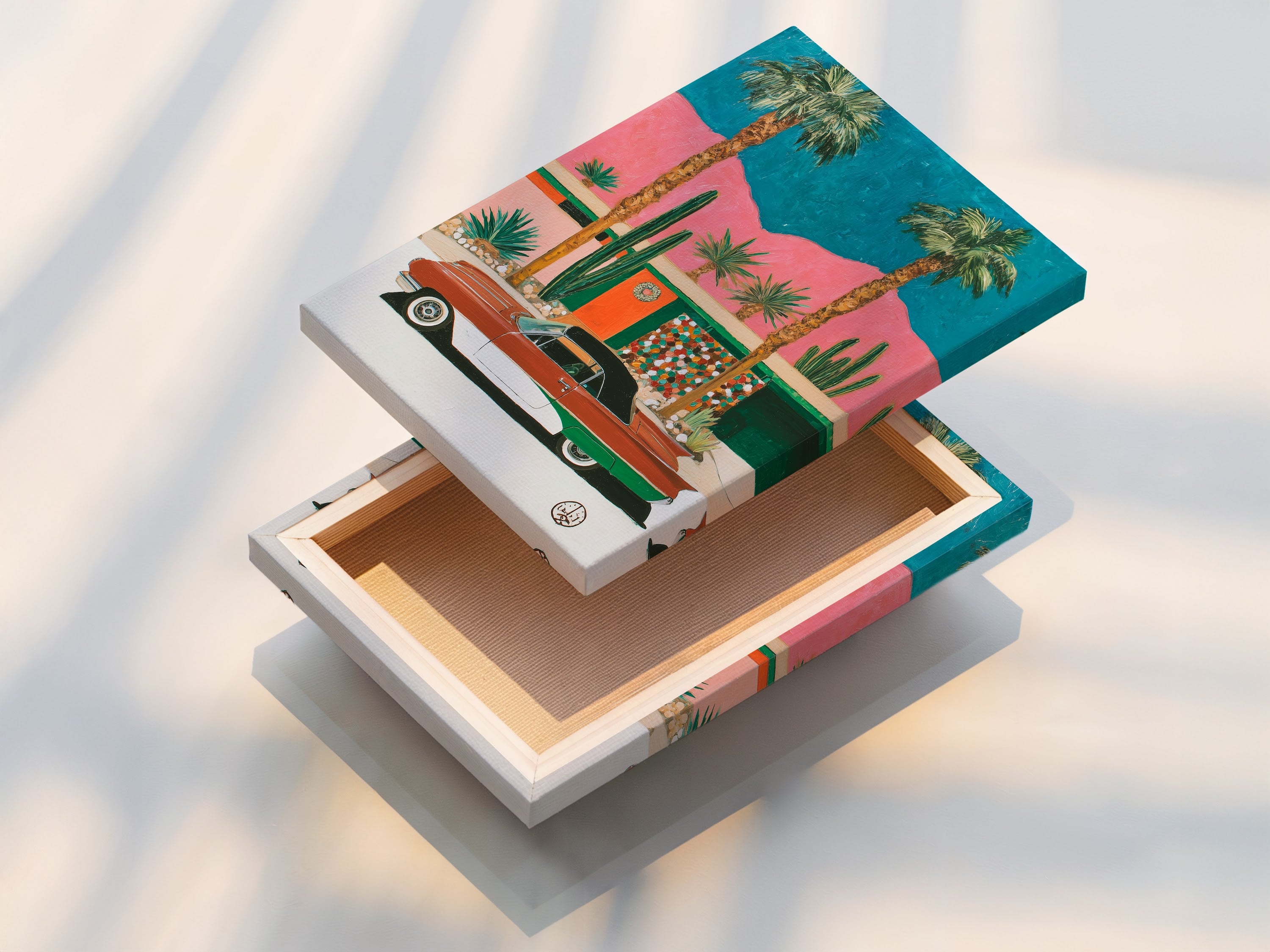 A stretched canvas print featuring retro Palm Springs artwork. This mid-century modern desert wall art showcases a vintage car. The stretched canvas provides a gallery-quality look. It is ready to hang and adds a touch of vintage charm to any room or office space.