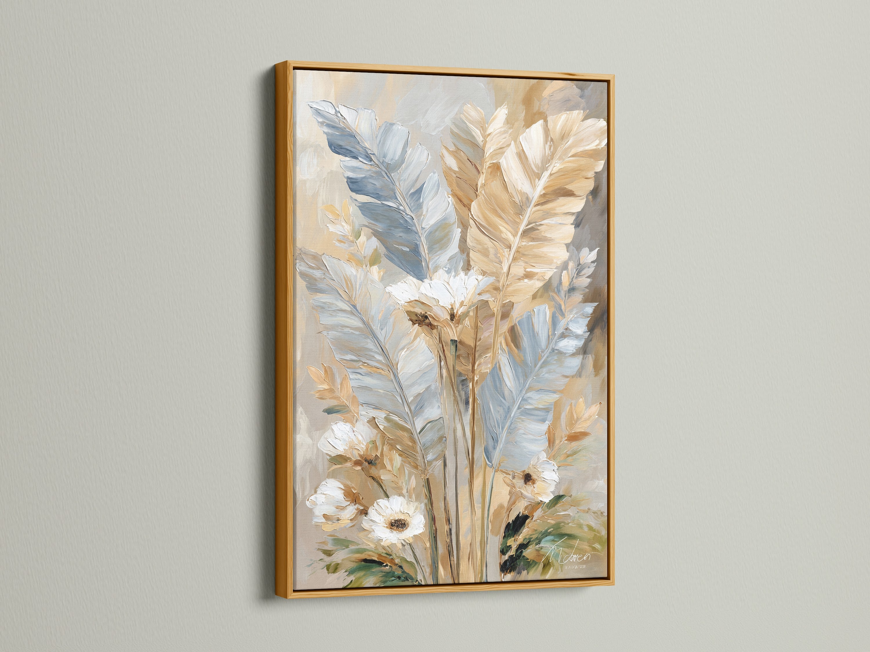 Beige wall art in a gold frame. Modern botanical artwork that brings warmth. This feathers painting is luxurious. The gold frame complements the soft color art. Boho wall art with a touch of elegance. The gold frame elevates the artwork's beauty.