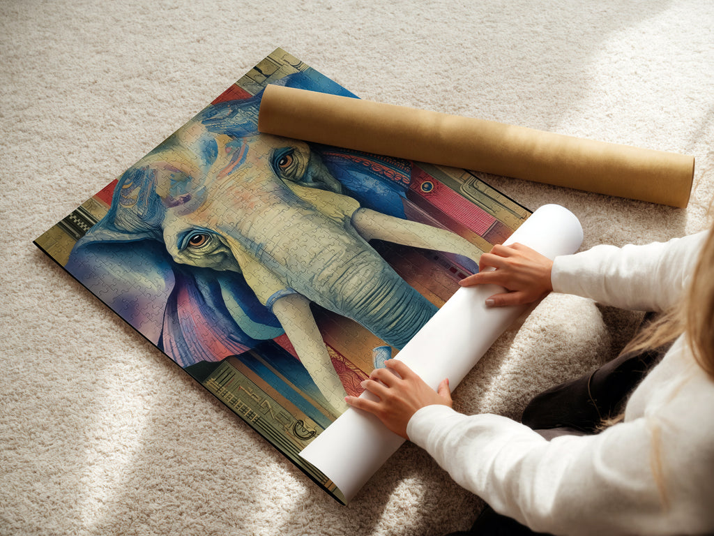 A woman is carefully rolling a fine art poster paper. The paper features a vibrant elephant art print. This piece is a great option for versatile wall decor. Its bohemian style adds a global touch to any space. Perfect for those seeking unique and eclectic art. This animal print brings life to your home.