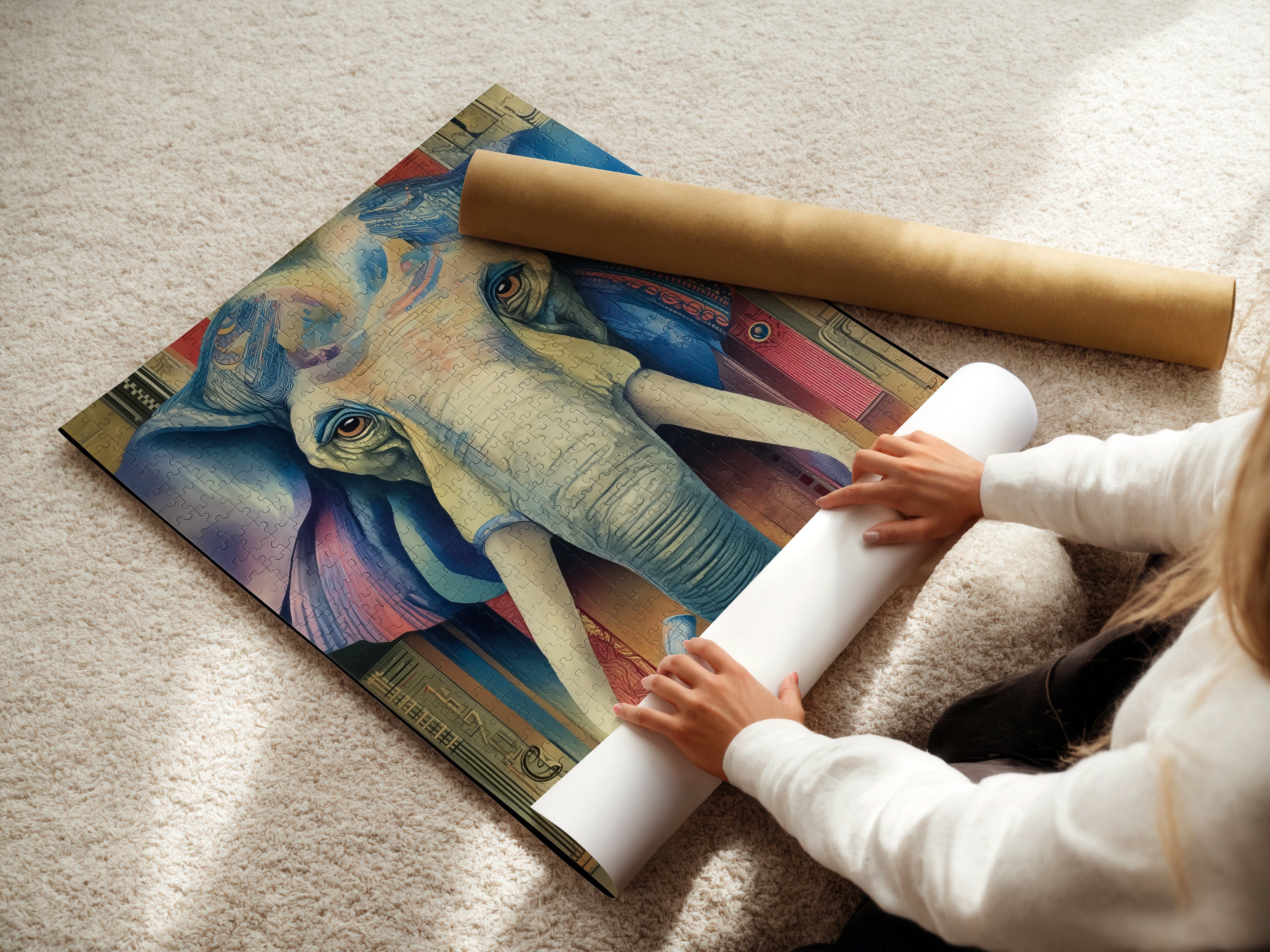A woman is carefully rolling a fine art poster paper. The paper features a vibrant elephant art print. This piece is a great option for versatile wall decor. Its bohemian style adds a global touch to any space. Perfect for those seeking unique and eclectic art. This animal print brings life to your home.