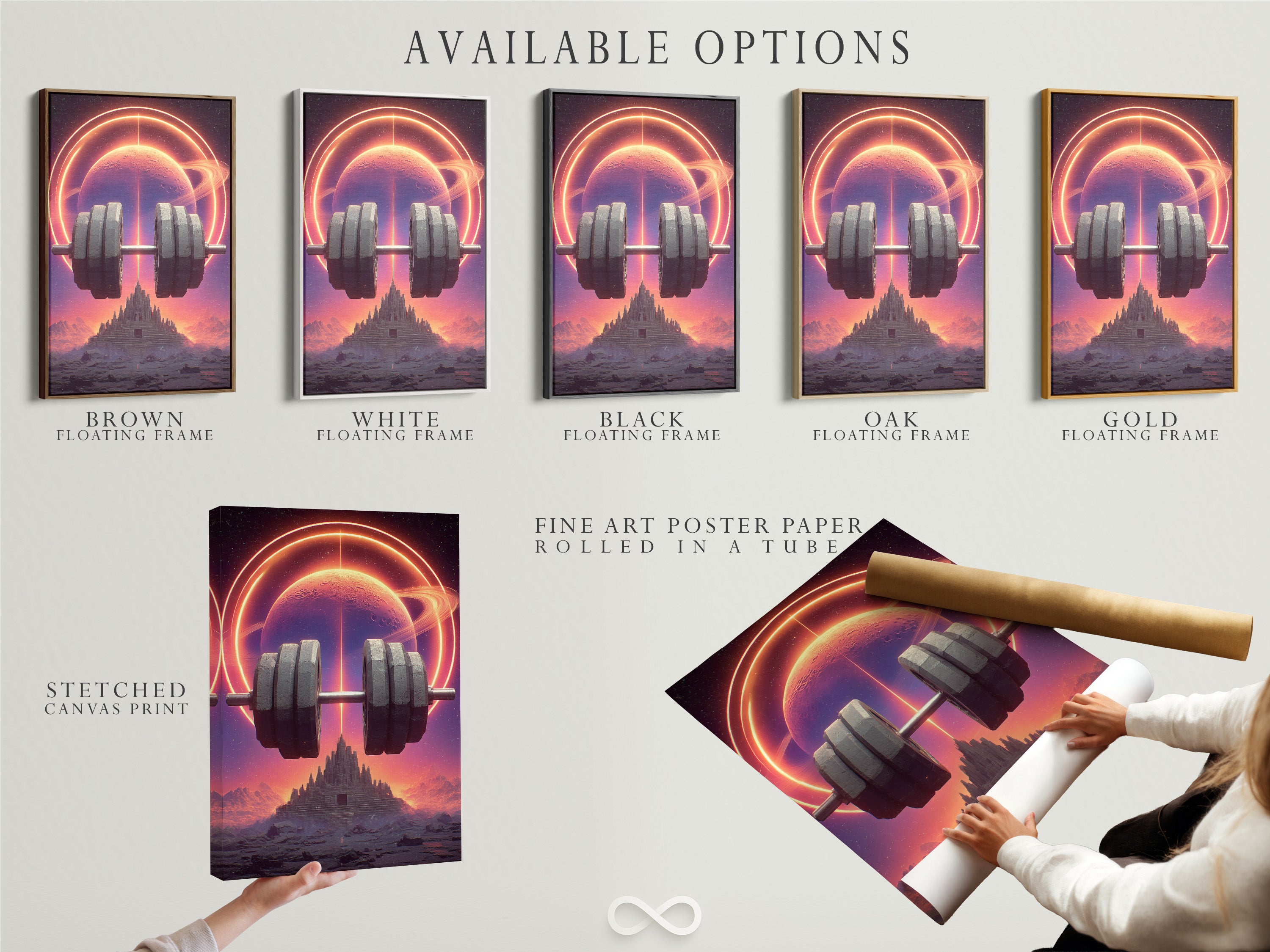 Available options include a stretched canvas print fine art poster paper and floating frame. Choose the perfect style for your sci-fi gym artwork. Elevate your fitness wall art today.