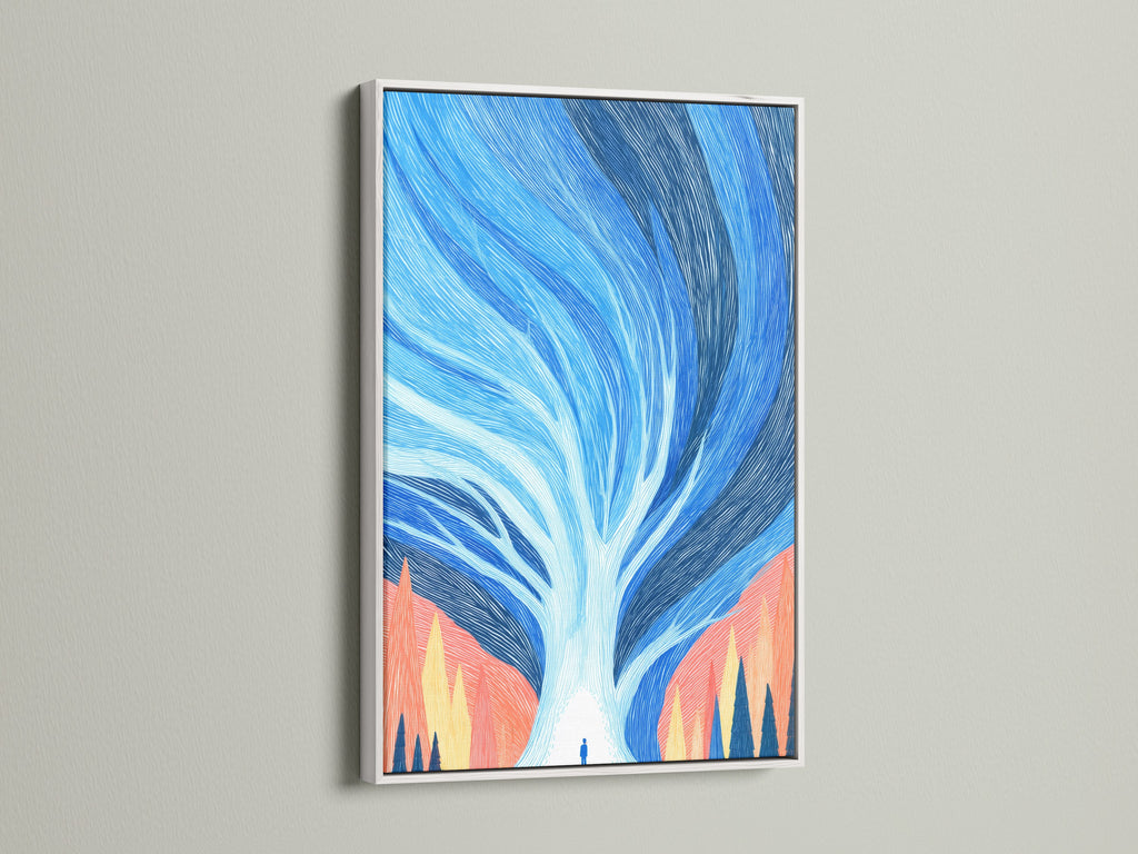 Abstract Tree art in a white frame. The white frame offers a clean modern look. This piece is ideal for any room. It features a blue and coral color palette. This modern nature artwork adds a fresh touch to your walls.