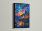 Varanasi River Ghats canvas artwork in a gold frame. This sunset canvas showcases the beauty of the Ganges. Perfect Indian wall art for a yoga studio or eclectic home. The vibrant colors and intricate details make it a captivating piece.