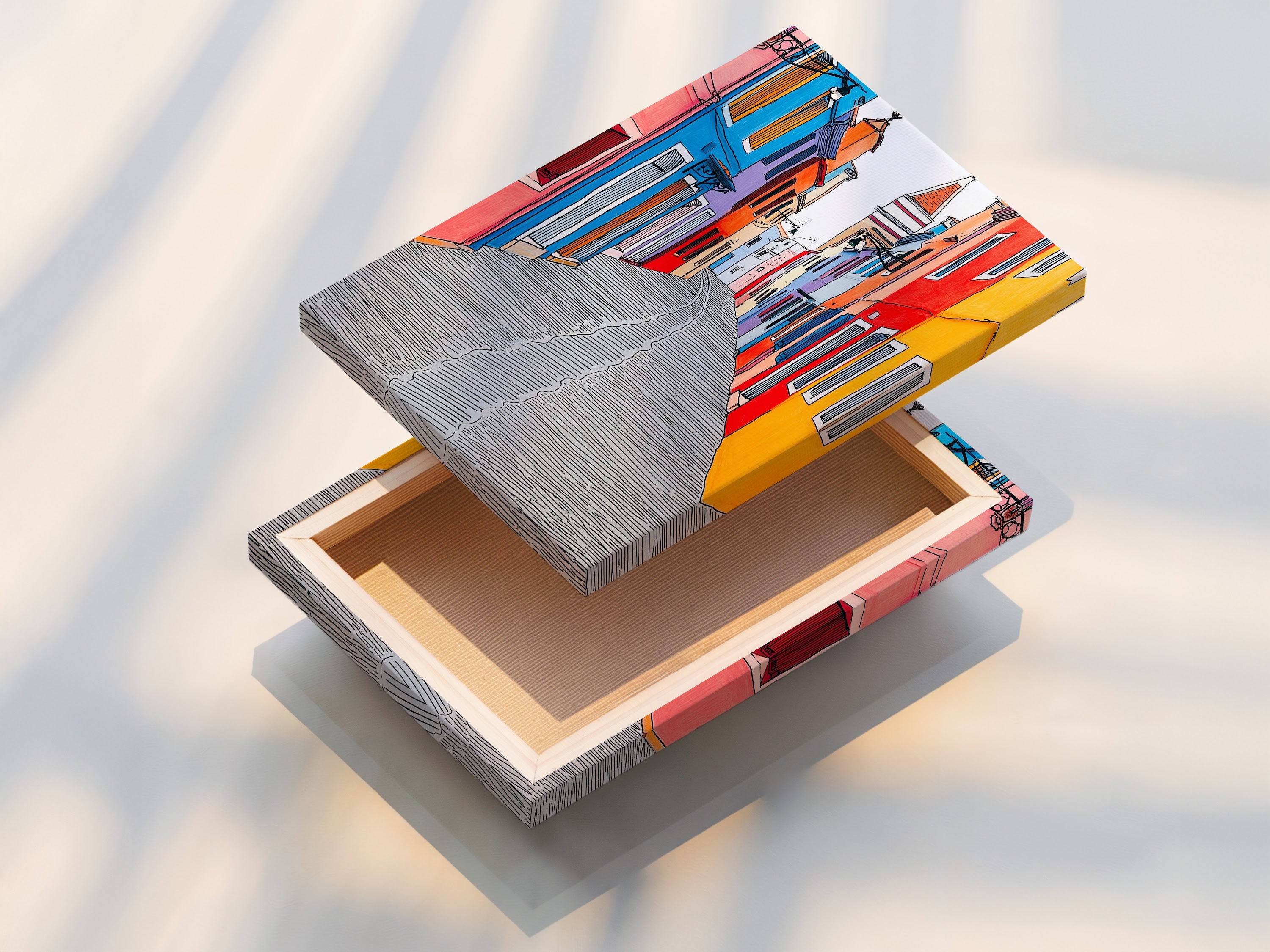 A stretched canvas print of the Burano Italy artwork. Displaying its vibrant colors and detailed Italian architecture. This ready-to-hang European travel poster is perfect for adding a touch of Italy to your home or office. The venice art is a great conversation piece.