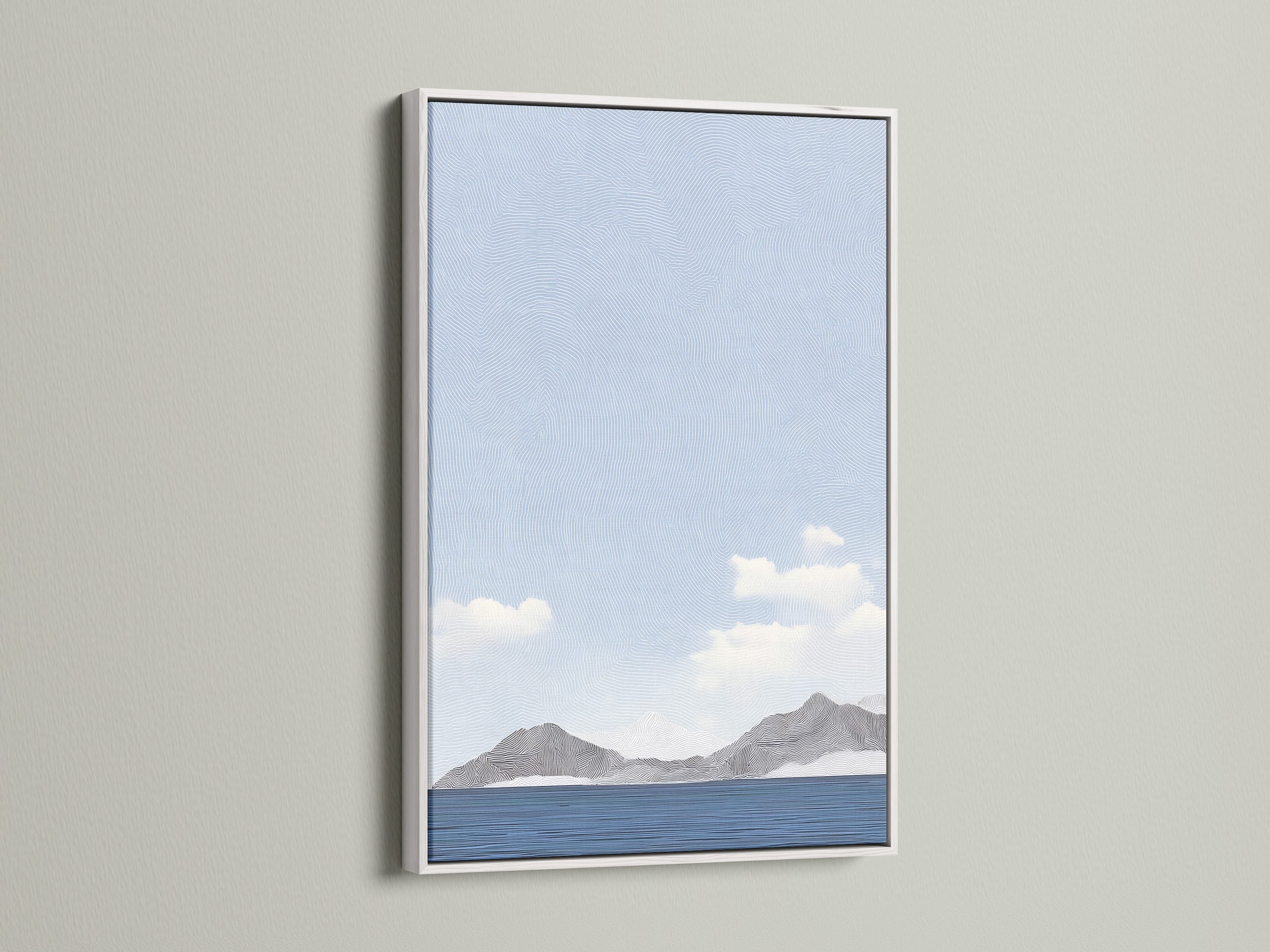 A white frame holds captivating wall art. The art features a minimalist mountain and sea view. The white frame offers a clean elegant look. This artwork adds sophistication to any room. The frame enhances the art.