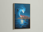 An oak frame elegantly showcases a dramatic seascape artwork. The artwork captures an ocean wave crashing near the NYC skyline. This nautical wall decor brings urban and coastal elements together. Ideal for adding a touch of the sea to any room.