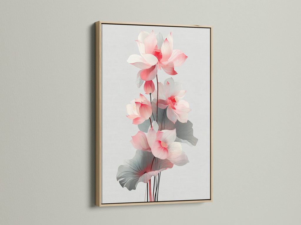 A framed lotus flower artwork with an oak frame. This floral canvas print offers a natural touch to your wall art collection. Ideal for minimalist and Scandinavian interiors. Enhance your space with botanical artwork.