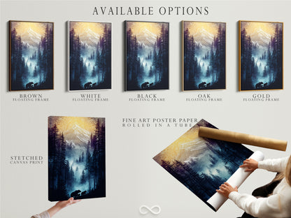 Available options for the Bear Family artwork are displayed. Choose from a stretched canvas print. You can also pick fine art poster paper or a floating frame. Customize your nature landscape art today.