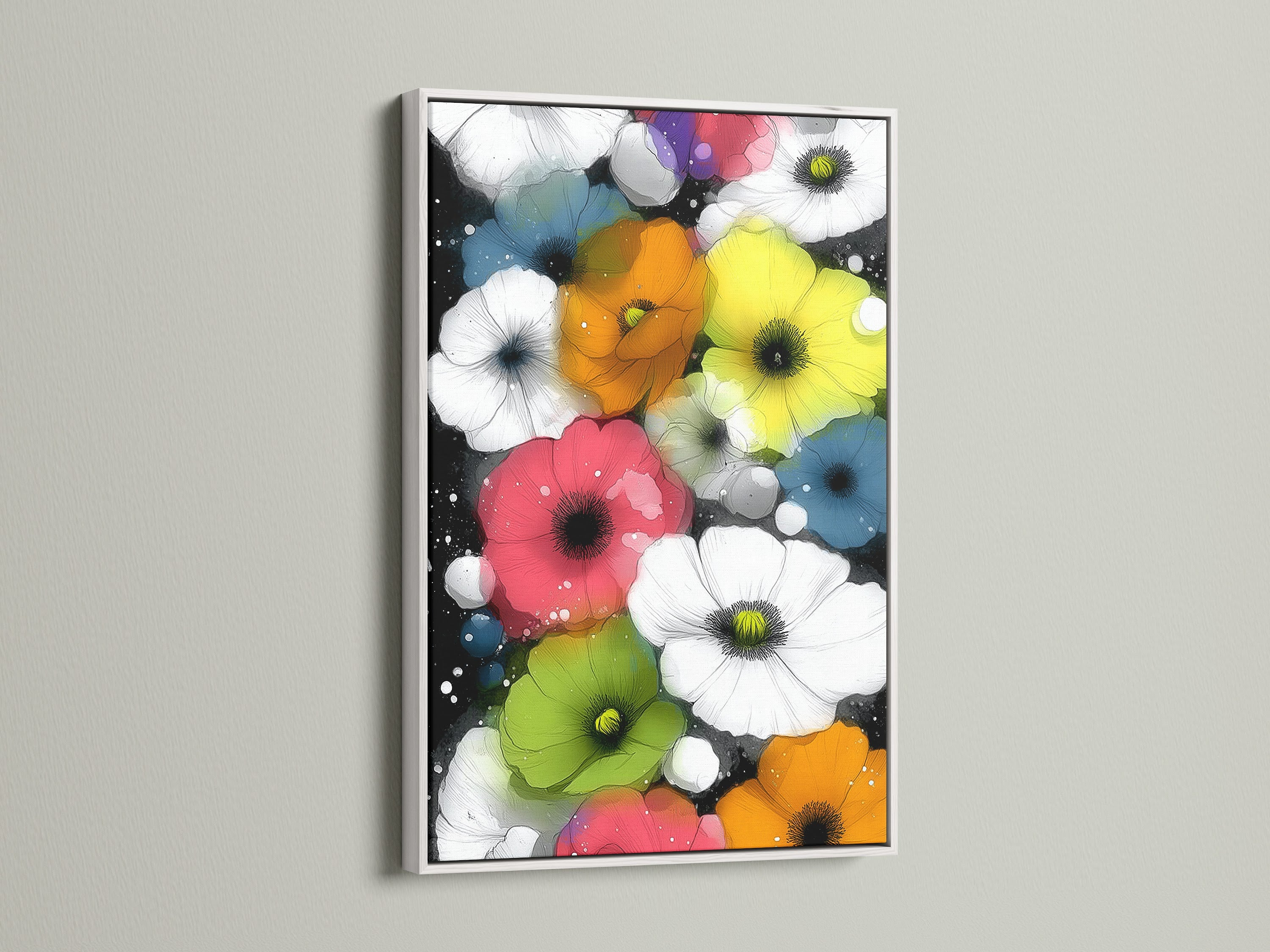 A Colorful Poppies canvas print is showcased in a white frame. The white frame complements the bright floral art. It is ideal for creating a fresh look in any room. This modern botanical art is perfect as bedroom wall decor or living room wall art. Discover vibrant flowers art.