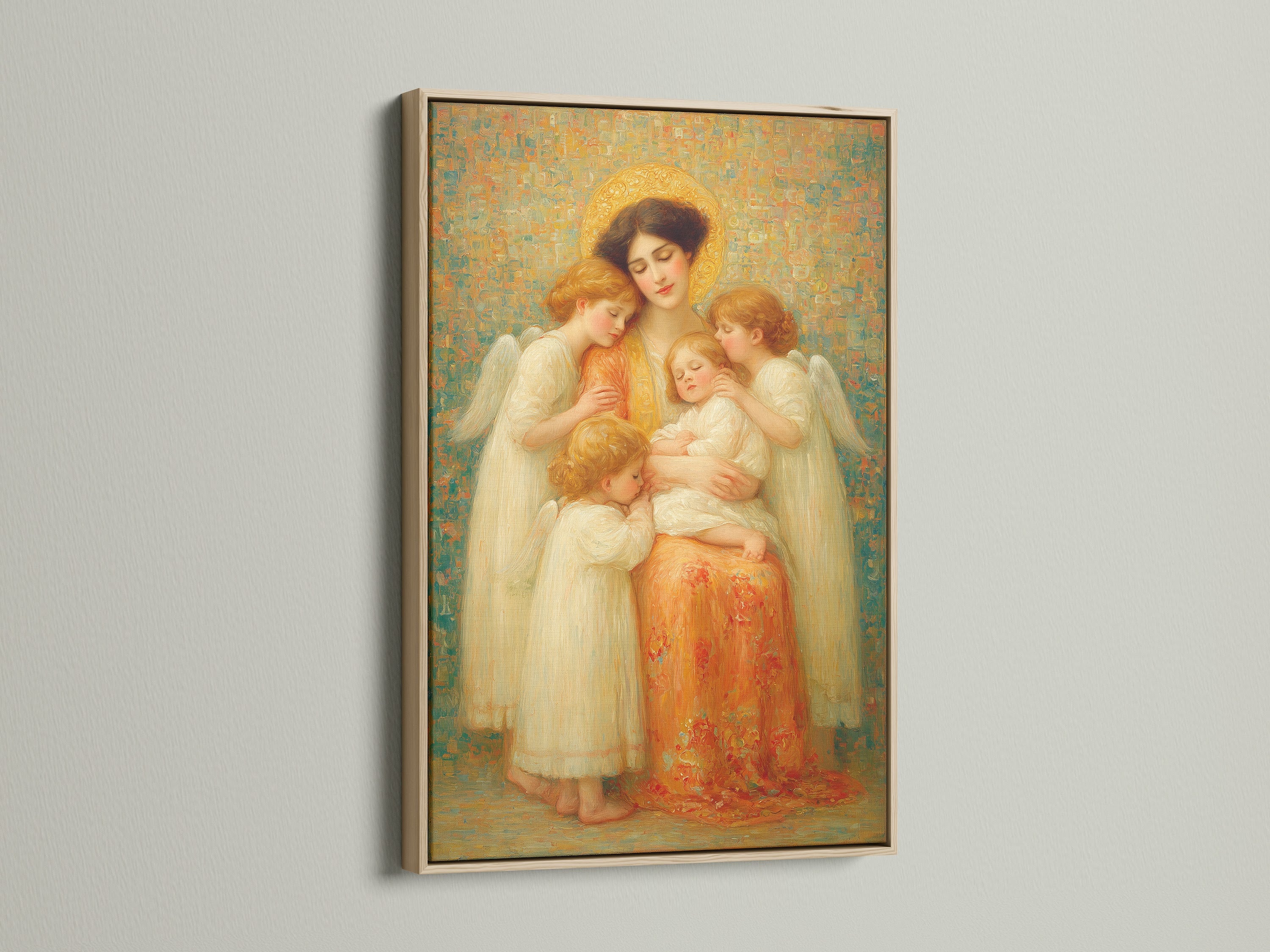 This image displays the Madonna & Child Renaissance Angel Wall Art. It features an oak frame. The artwork adds a religious vintage touch. It's perfect for nursery bedroom decor. Consider this holy family art for a peaceful space.